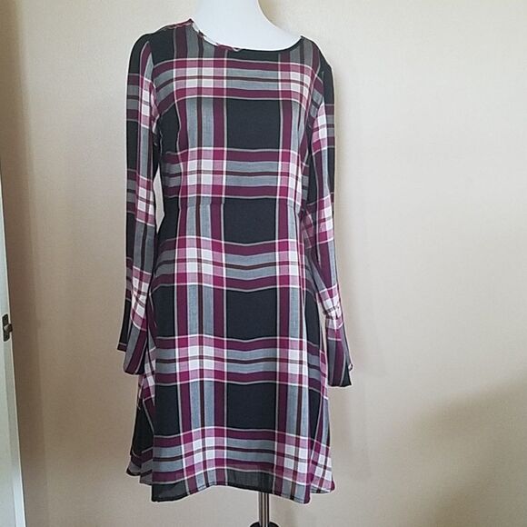 Loft plaid A-line dress with bell sleeves - Picture 1 of 5